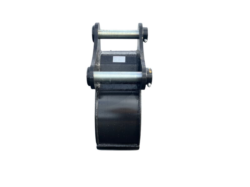 Front view of a heavy-duty steel excavator bucket attachment with side rollers and mounting pins against a black background.