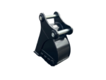 Heavy-duty excavator bucket attachment with two parallel pins and curved steel bucket, shown on a black background in profile view.