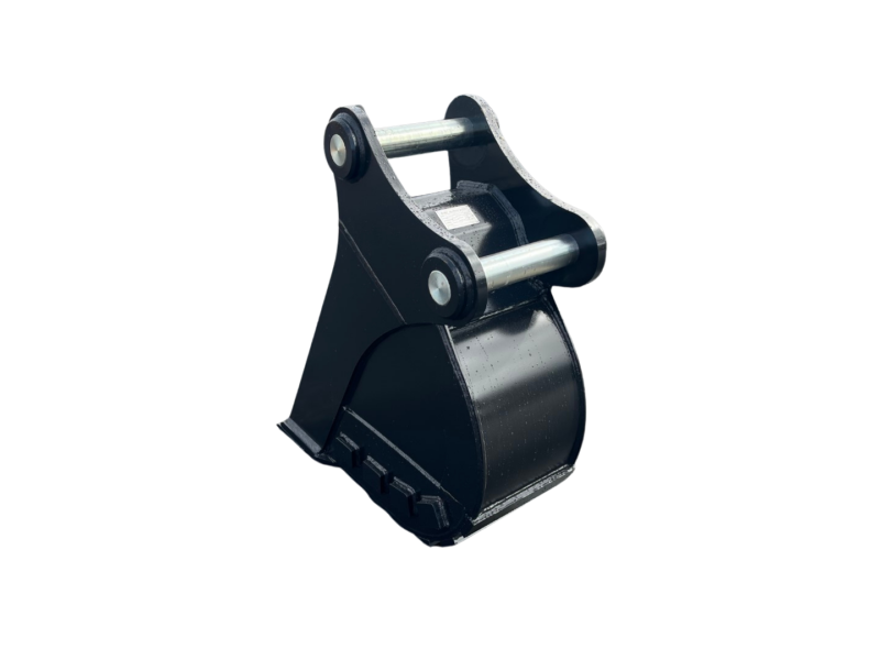 Heavy-duty excavator bucket attachment with two parallel pins and curved steel bucket, shown on a black background in profile view.