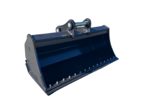 Blue metal excavator bucket attachment with mounting linkage and teeth along the edge, viewed from above edge-down angle, isolated on black background.