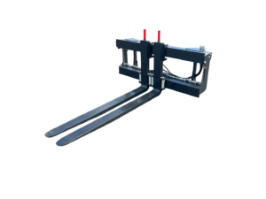 Industrial forklift attachment with two long forks and a hydraulic clamping carriage, blue frame and red control levers as handles