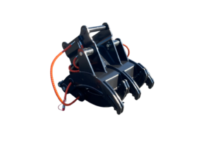 Industrial hydraulic grapple attachment (claw) with orange hoses for heavy machinery on a black background.