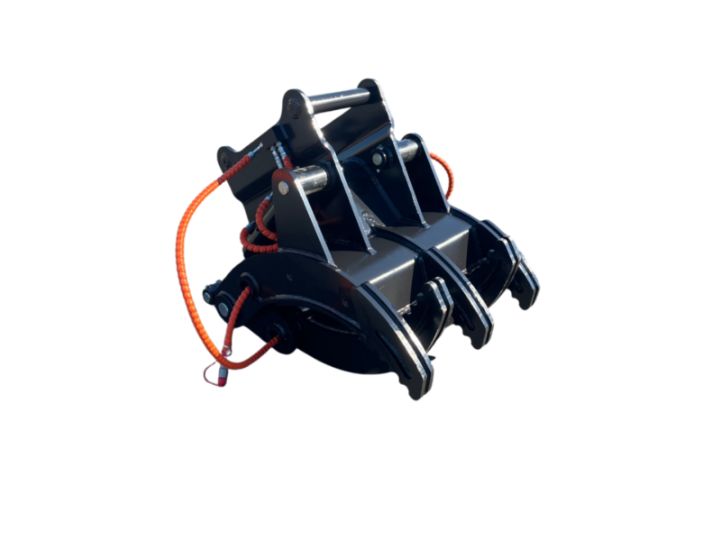 Industrial hydraulic grapple attachment (claw) with orange hoses for heavy machinery on a black background.
