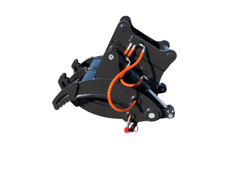 Hydraulic grapple attachment in black with orange hoses, used to grab and lift debris on heavy machinery.