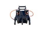 Front view of a blue hydraulic grapple attachment with orange hoses, ready for operation.