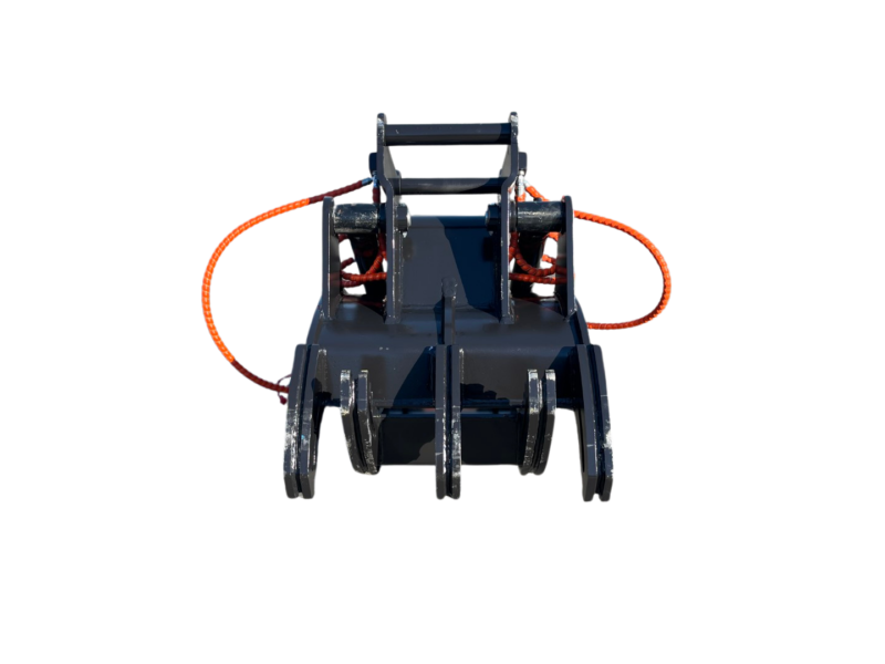 Front view of a blue hydraulic grapple attachment with orange hoses, ready for operation.