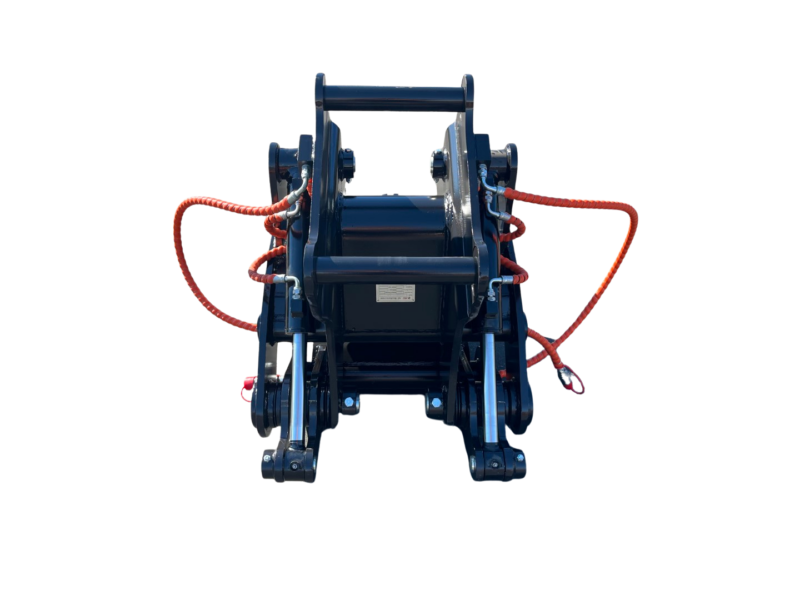 Blue hydraulic quick-attach coupler for heavy machinery with red high-pressure hoses, viewed from the front