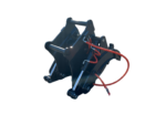 Blue hydraulic grapple attachment with red hoses, isolated on a black background. Used on heavy machinery for grabbing objects.