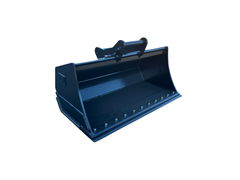 Blue steel excavator bucket attachment on a black background, ready for use in digging.