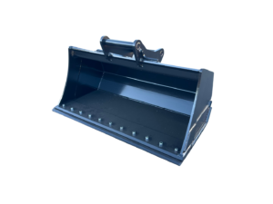 Heavy steel excavator bucket attachment on a paved lot, showing the mounting bracket and reinforced cutting edge with bolts along the bottom edge.