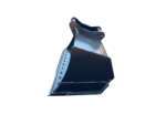 Industrial excavator bucket attachment facing left, dark blue metal with row of bolts along the rim on a black background