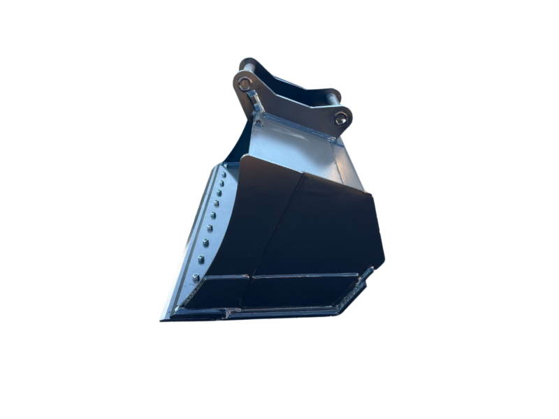 Industrial excavator bucket attachment facing left, dark blue metal with row of bolts along the rim on a black background