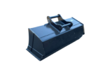 Blue industrial skid-steer bucket attachment with mounting arms, used for scooping materials on construction equipment