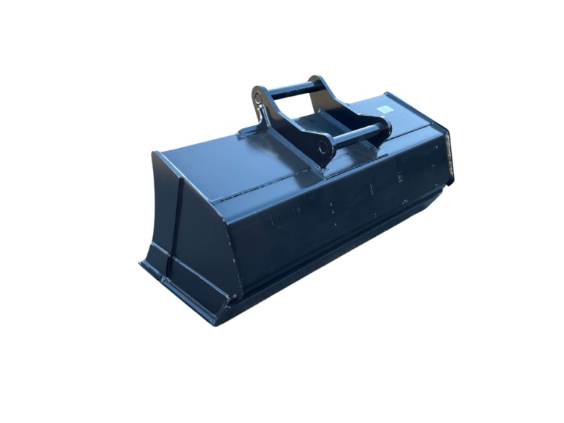 Blue industrial skid-steer bucket attachment with mounting arms, used for scooping materials on construction equipment