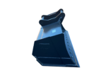 Blue excavator bucket attachment isolated on a black background.