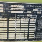 Metal forklift load-and-warning plate with labeled fields and warnings, title 'FORK TRUCK LOAD AND WARNING NOTICE' and screws at corners.