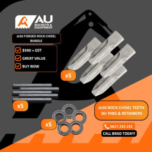 Ad for J450 forged rock chisel bundle: five chisels, five pins/retainers, and contact info in orange/black design.