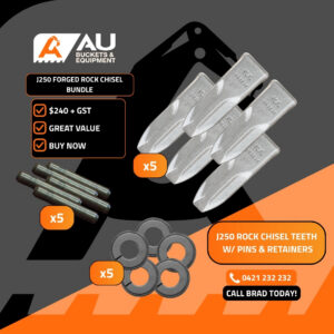 Promotional banner for AU Buckets & Equipment advertising the J250 forged rock chisel bundle with five chisels, five pins, five washers and price details.