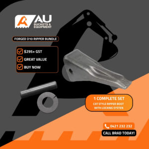 Promo banner for AU Buckets & Equipment featuring a forged D10 ripper bundle with mounting hardware on a dark gray/orange background and product labels.