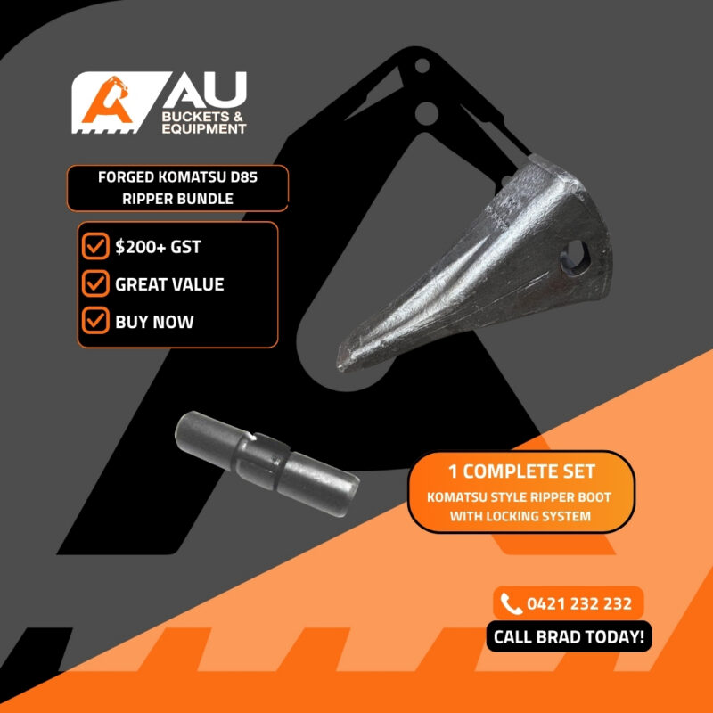 Advertisement graphic for AU Buckets & Equipment: forged Komatsu D85 ripper bundle with large tooth, pin, benefits list, and a bright CTA to call Brad at 0421 232 232.